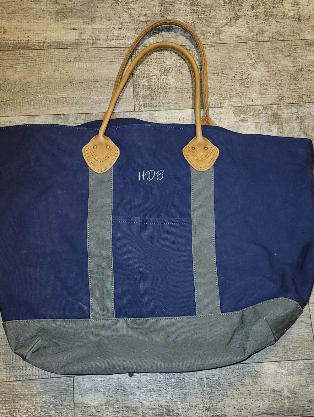 Large Genuine LL BEAN  Boat & Tote Bag  Grain Leather Handles vintage Blue Green